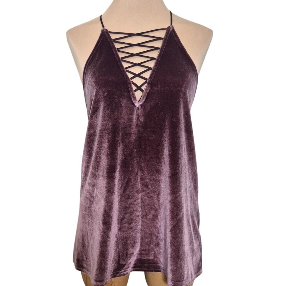 Express Purple Velvet Lace Up Halter Strappy Neck Tank Top Whimsy Boho Size XS